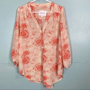 Amour Vert Sz L Peach Red Floral Blouse 100% Silk